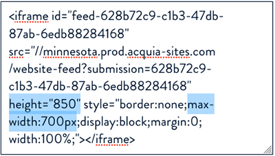 IFRAME code snippet with updated width and height attribute values highlighted