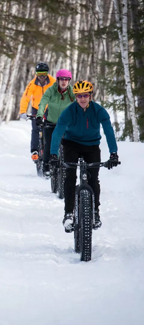 Three riders explore a trail in Grand Rapids on fat bikes